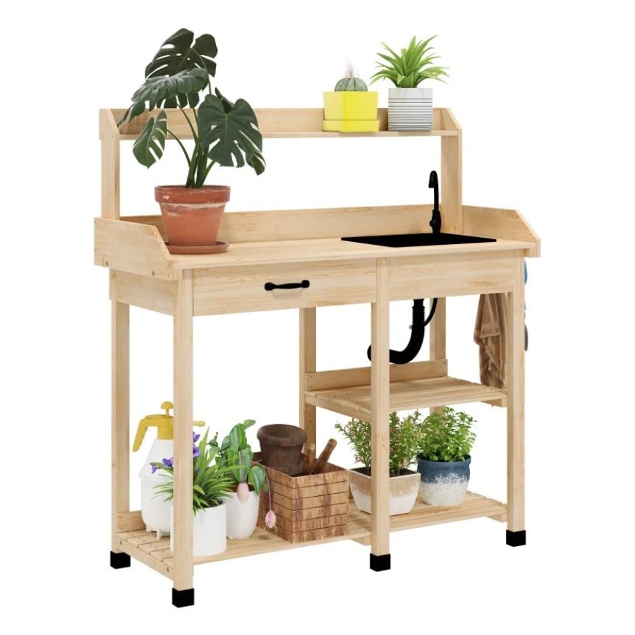 Woodworking Workbench - Holz-Pflanztisch mit abnehmbarem Waschbecken, Wasserhahnanschluss, Schublade,