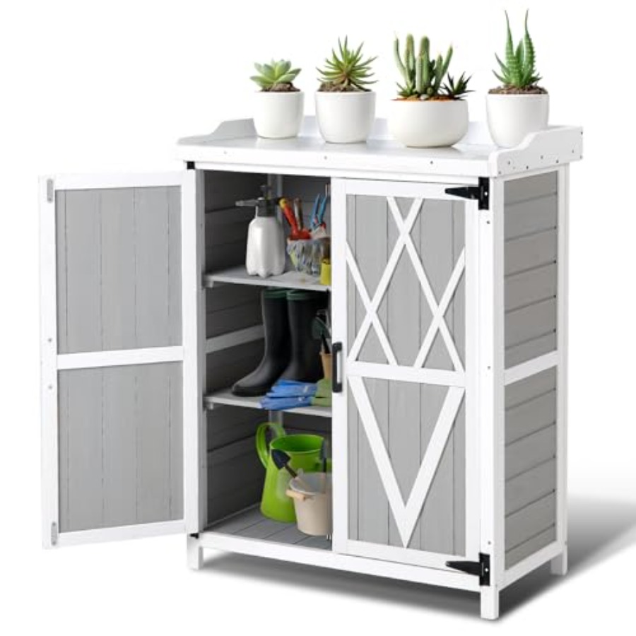 Woodworking Workbench - Outdoor-Arbeitsbank mit Metalltischplatte und Regalen, Wetterfeste